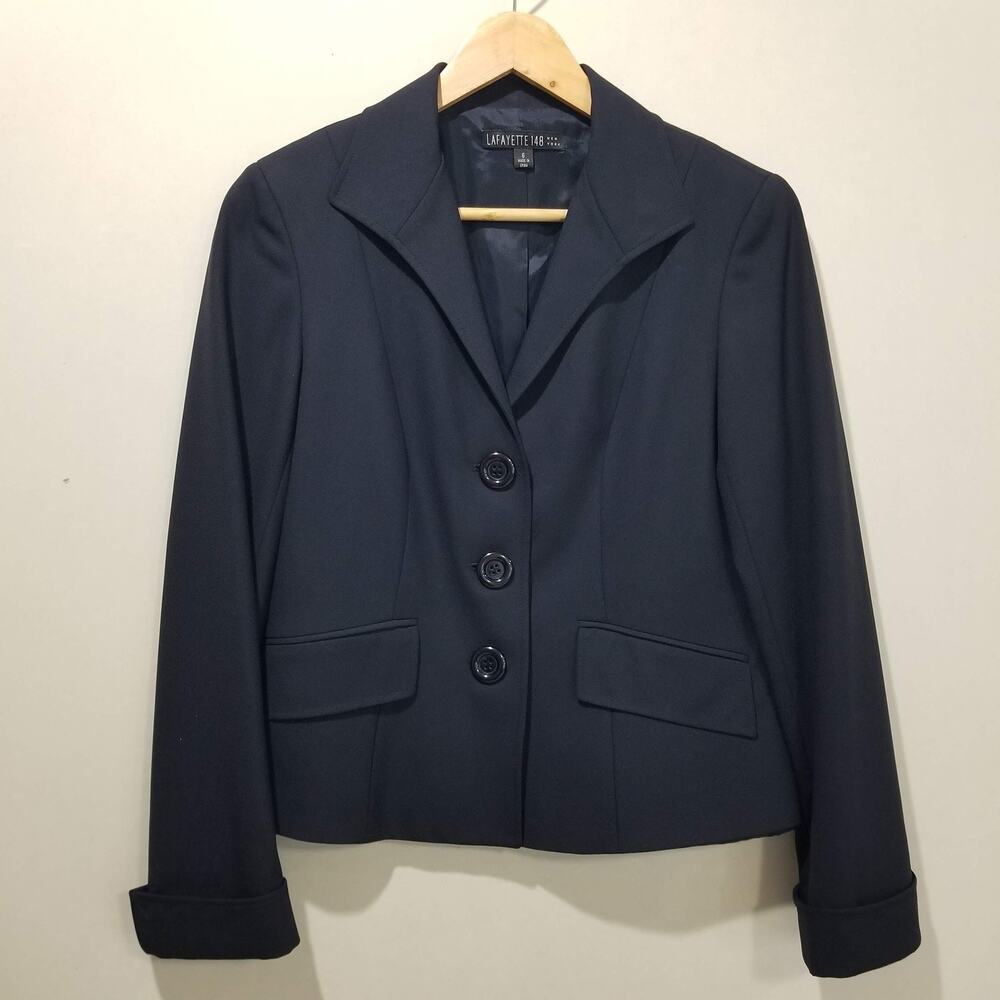 Lafayette 148 New York Blazer Womens 6 Blue Wool Stretch Lined Jacket Office - Picture 8 of 8